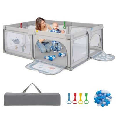 Baby Laufstall mit Fisch-Motiv &amp; 50 Bällen &amp; 2 Türen &amp; Atmungsaktivem Netz &amp; Reissverschluss