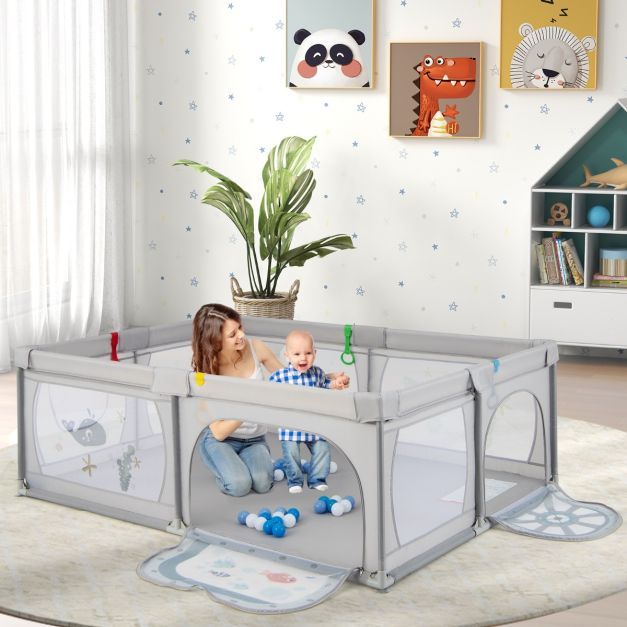 Baby Laufstall mit Fisch-Motiv &amp; 50 Bällen &amp; 2 Türen &amp; Atmungsaktivem Netz &amp; Reissverschluss