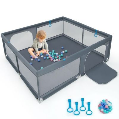 200 x 180 cm Baby Laufstall mit 50 Ozeanbällen &amp; 4 Griffen &amp; Tür Laufgitter Krabbelgitter Grau