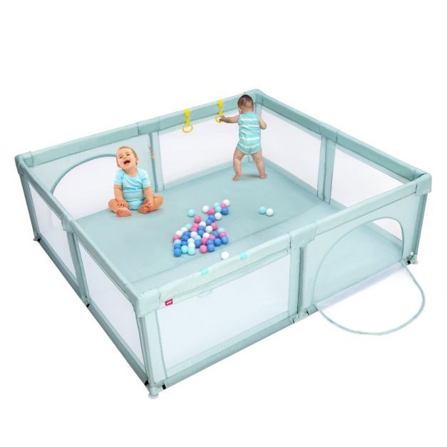 Baby-Laufstall für Kleinkinder mit 50 Spielbällen &amp; Atmungsaktivem Netz Blau 206 x 186cm