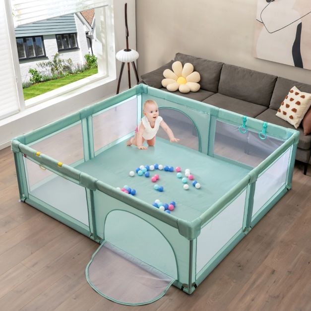 Baby-Laufstall für Kleinkinder mit 50 Spielbällen &amp; Atmungsaktivem Netz Blau 206 x 186cm