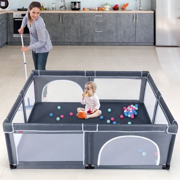 Baby-Laufstall für Kleinkinder mit 50 Spielbällen &amp; Atmungsaktivem Netz Grau 206 x 186cm