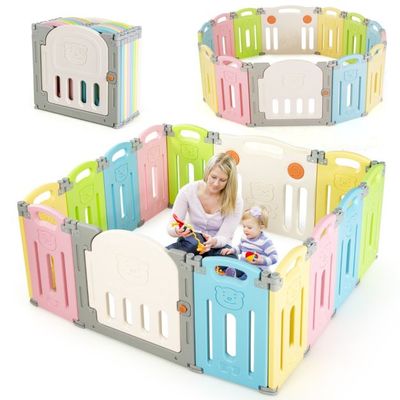 Klappbarer Baby Laufstall mit 14 Elementen Laufgitter mit Tür &amp; Spielzeugboard Spielzaun Bunt