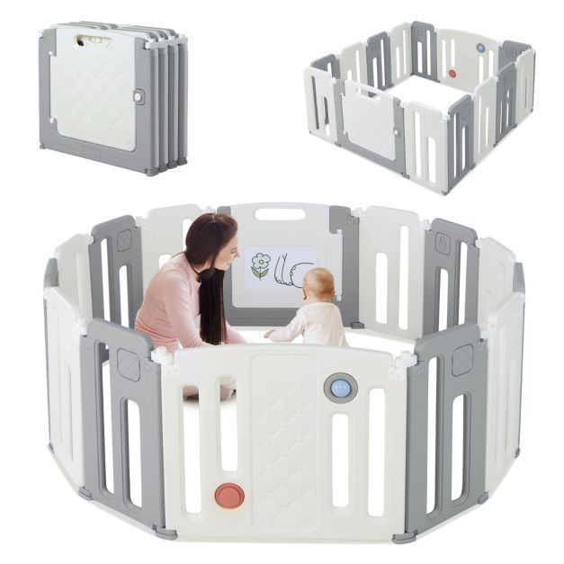 Faltbarer Laufstall mit 14 Elementen &amp; Tür &amp; Spielpaneel &amp; Sicherheitsschloss &amp; Whiteboard Weiss