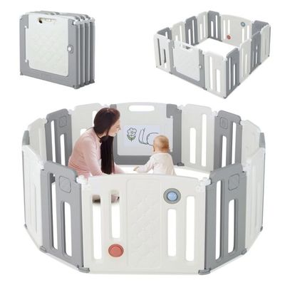 Faltbarer Laufstall mit 14 Elementen &amp; Tür &amp; Spielpaneel &amp; Sicherheitsschloss &amp; Whiteboard Weiss