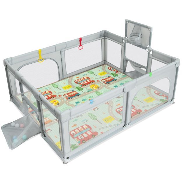 188 x 157 cm Faltbarer Baby Laufstall mit Matratze, Basketballkorb, Fußballnetz, 50 Bälle Grau