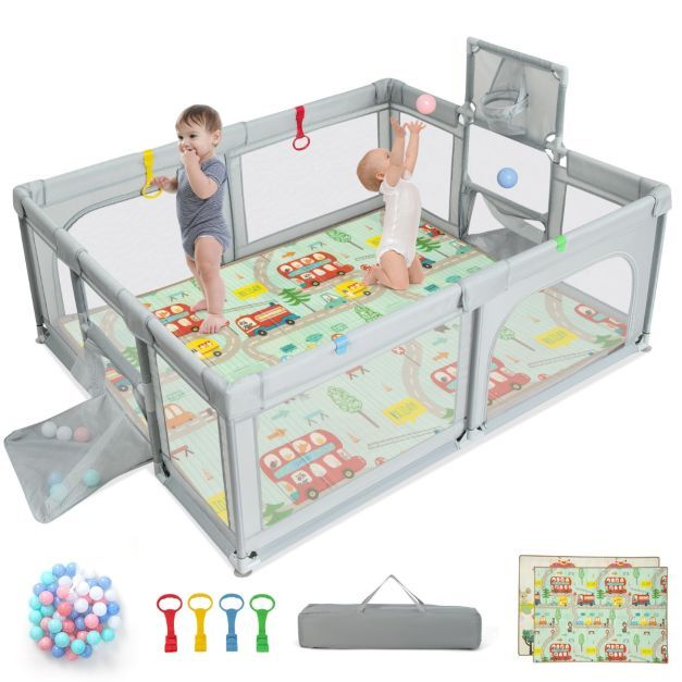188 x 157 cm Faltbarer Baby Laufstall mit Matratze, Basketballkorb, Fußballnetz, 50 Bälle Grau