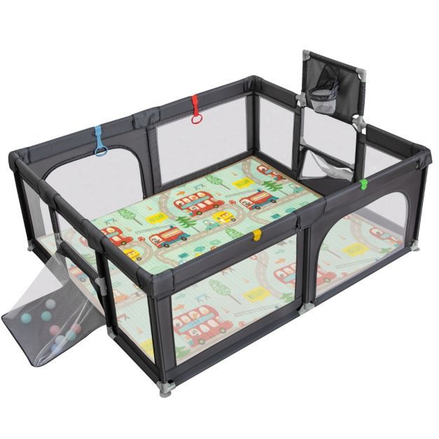 188 x 157 cm Faltbarer Baby Laufstall mit Matratze, Basketballkorb, Fußballnetz, 50 Bälle dunkelgrau