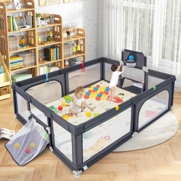 207 x 145 cm Baby Laufstall mit Matratze &amp; Basketballkorb Krabbelgitter mit atmungsaktivem Netz Dunkelgrau