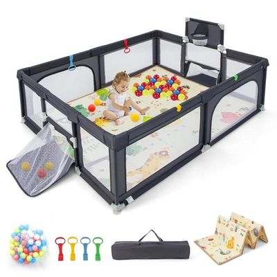 207 x 145 cm Baby Laufstall mit Matratze &amp; Basketballkorb Krabbelgitter mit atmungsaktivem Netz Dunkelgrau