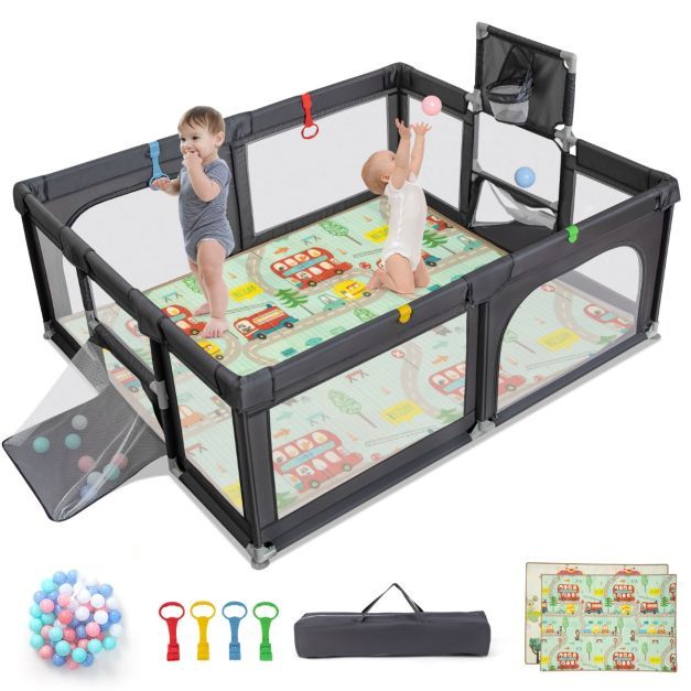 188 x 157 cm Faltbarer Baby Laufstall mit Matratze, Basketballkorb, Fußballnetz, 50 Bälle dunkelgrau