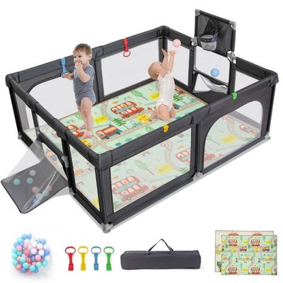 188 x 157 cm Faltbarer Baby Laufstall mit Matratze, Basketballkorb, Fußballnetz, 50 Bälle dunkelgrau