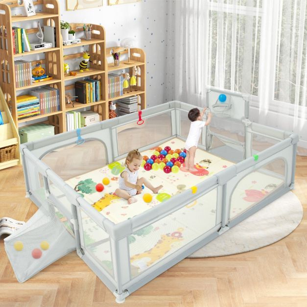 207 x 145 cm Baby Laufstall mit Matratze &amp; Basketballkorb &amp; Fußballnetzen Hellgrau