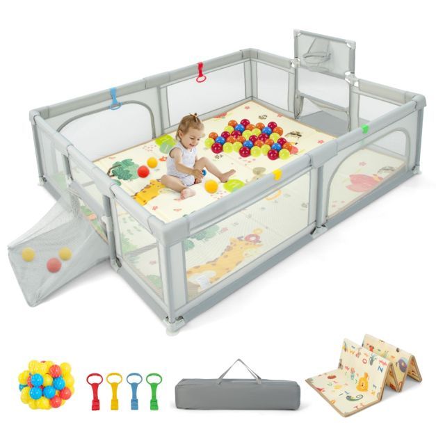 207 x 145 cm Baby Laufstall mit Matratze &amp; Basketballkorb &amp; Fußballnetzen Hellgrau