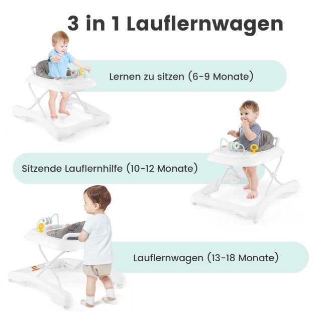 3 in 1 Lauflernhilfe klappbar Lauflernwagen mit verstellbarer Höhen &amp; Geschwindigkeit grau