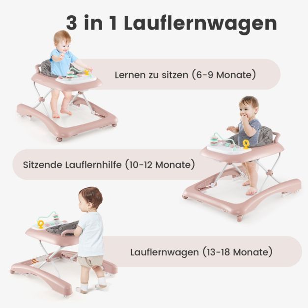 3 in 1 Lauflernhilfe klappbar Lauflernwagen mit verstellbarer Höhen &amp; Geschwindigkeit rosa