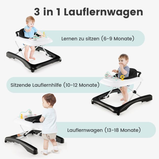 3 in 1 Lauflernhilfe klappbar Lauflernwagen mit verstellbarer Höhen &amp; Geschwindigkeit schwarz
