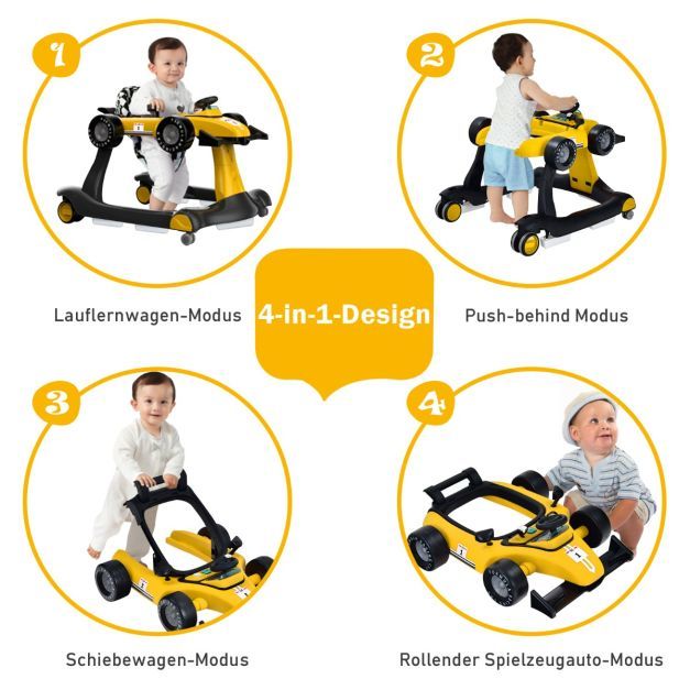 4 in 1 Lauflernwagen Klappbare Lauflernhilfe Rennwagen gelb
