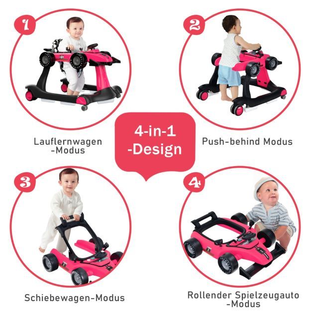 4 in 1 Lauflernwagen Klappbare Lauflernhilfe Rennwagen rosa
