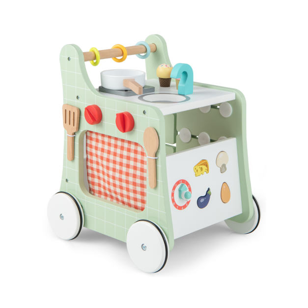 6 in 1 Holz Lauflernhilfe mit Spielküche Lauflernwagen grün + weiss