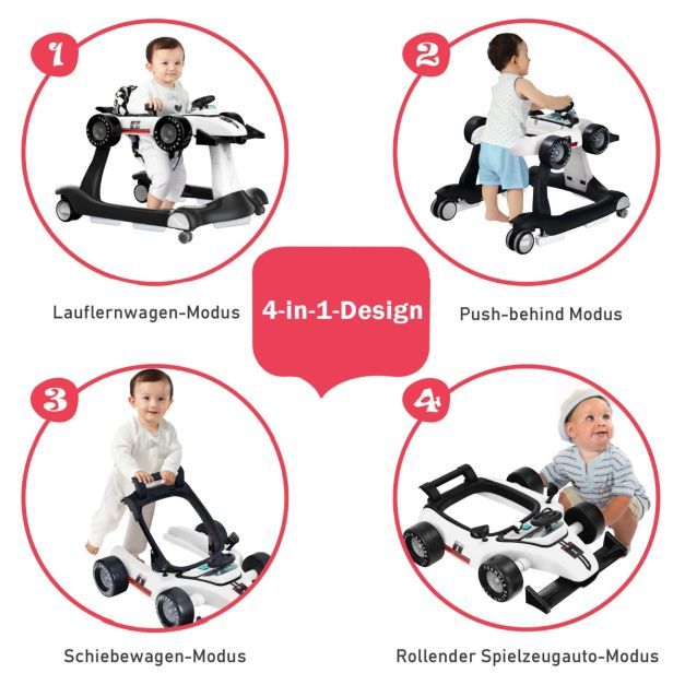 4 in 1 Lauflernwagen Klappbare Lauflernhilfe Rennwagen weiss