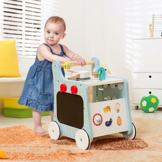 6 in 1 Holz Lauflernhilfe mit Spielküche Lauflernwagen blau + weiss