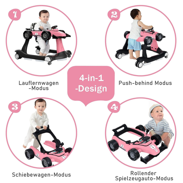 4 in 1 Lauflernwagen Klappbare Lauflernhilfe Rennwagen hellrosa