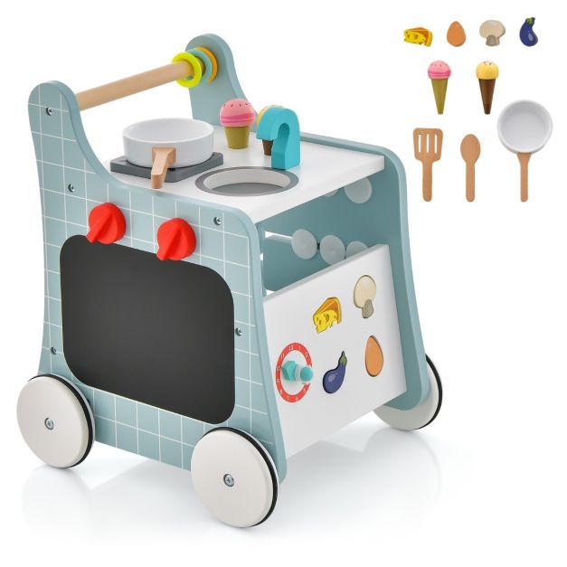 6 in 1 Holz Lauflernhilfe mit Spielküche Lauflernwagen blau + weiss