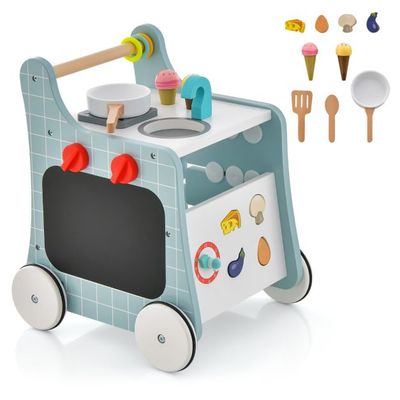 6 in 1 Holz Lauflernhilfe mit Spielküche Lauflernwagen blau + weiss