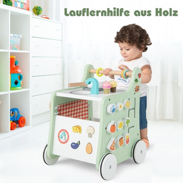 6 in 1 Holz Lauflernhilfe mit Spielküche Lauflernwagen grün + weiss