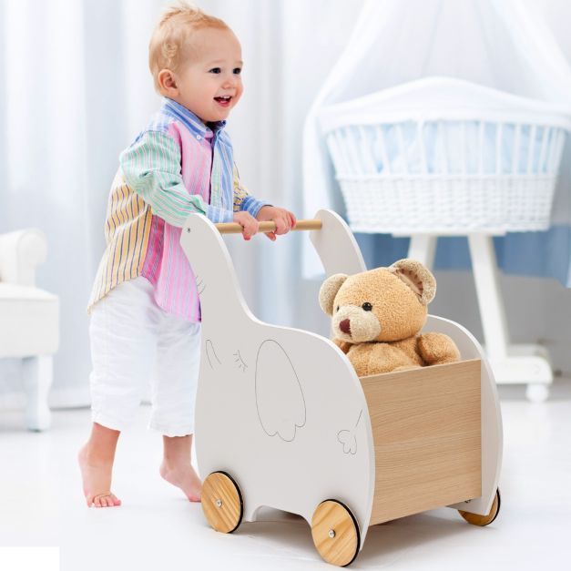 2 in 1 Elefant Lauflernwagen aus Holz mit Großer Spielzeugkiste Lauflernhilfe Weiss