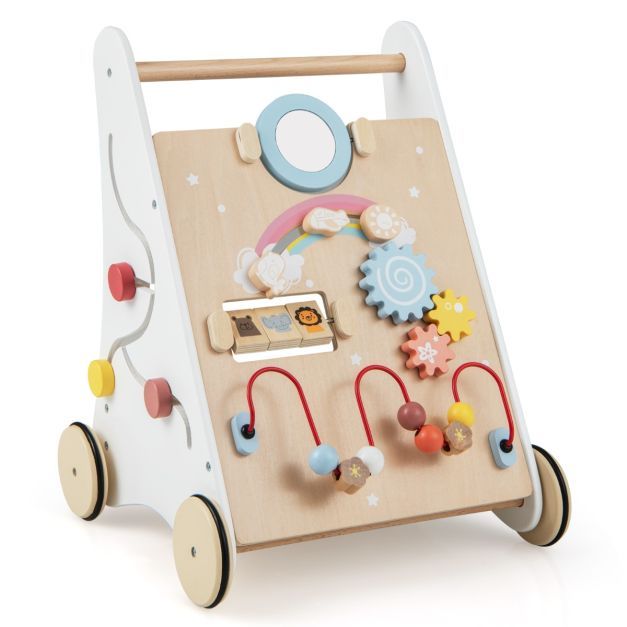 7 in 1 Lauflernhilfe aus Holz mit Spielbrett &amp; Spiegel &amp; Bauklötzen &amp; Aufbewahrungsbox Lauflernwagen