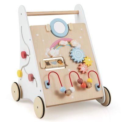 7 in 1 Lauflernhilfe aus Holz mit Spielbrett &amp; Spiegel &amp; Bauklötzen &amp; Aufbewahrungsbox Lauflernwagen
