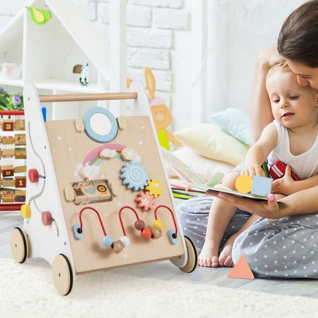 7 in 1 Lauflernhilfe aus Holz mit Spielbrett & Spiegel & Bauklötzen & Aufbewahrungsbox Lauflernwagen