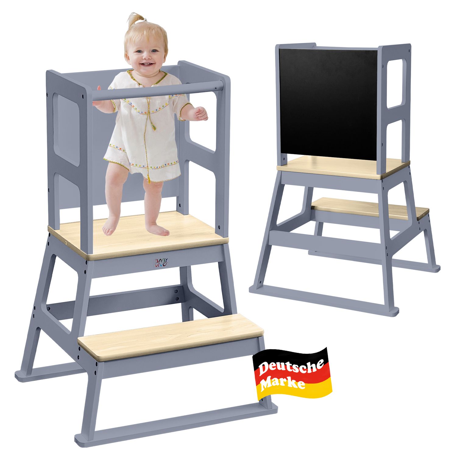 Lernturm aus Holz - Mit Tafel in Grau