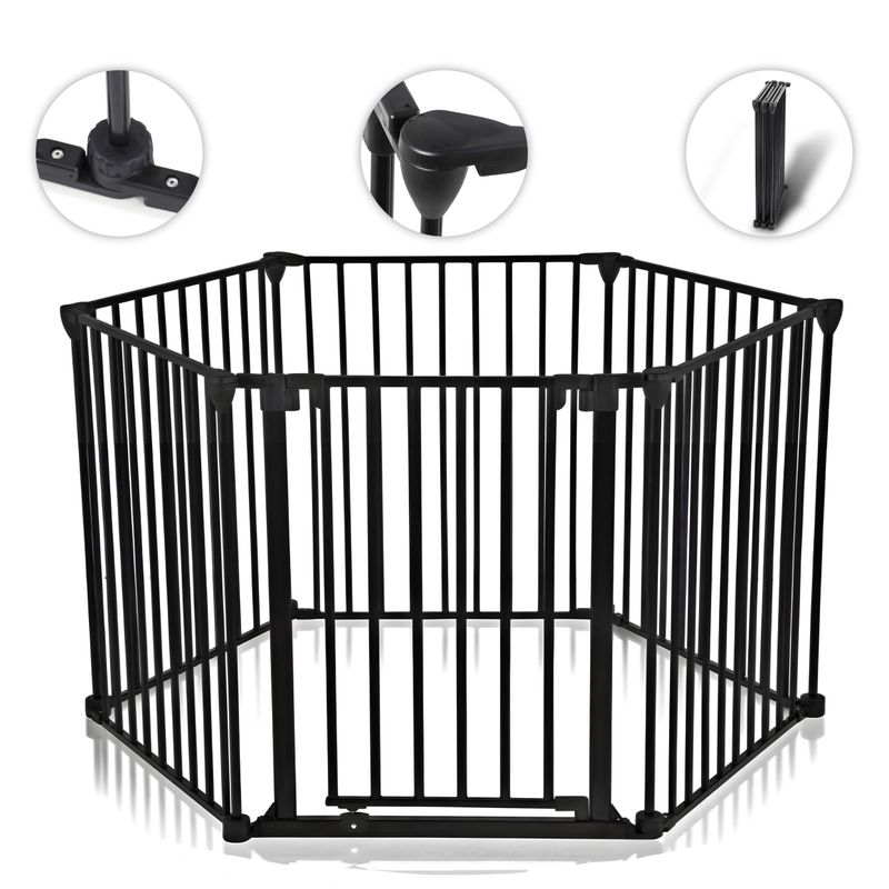 Premium Kaminschutzgitter 380 cm XXL / Absperrgitter 5+1 mit Tür in Schwarz