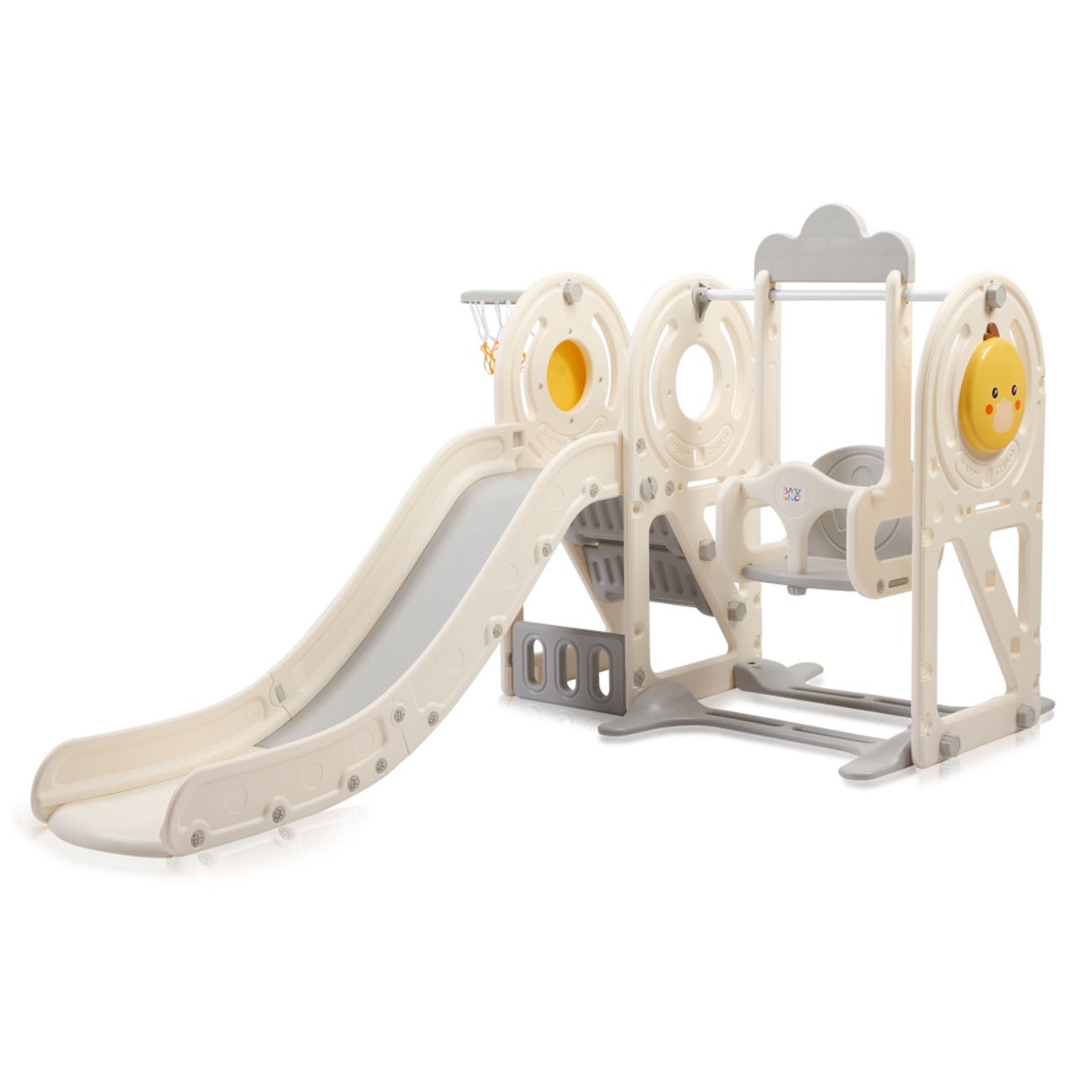 Kinderrutsche / Schaukel mit Basketballkorb - Quacki in Weiss / Beige