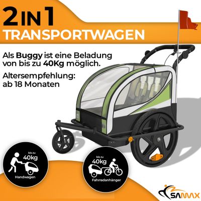360° drehbarer Veloanhänger 2in1 Jogger - in Grün - Black Frame