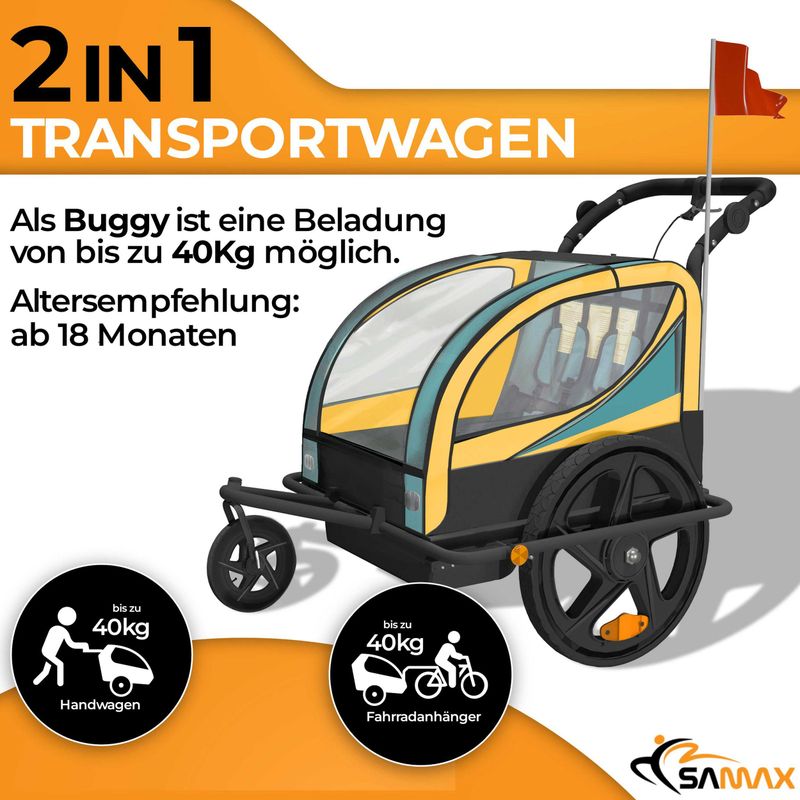360° drehbarer Veloanhänger 2in1 Jogger - in Blau / Gelb - Black Frame