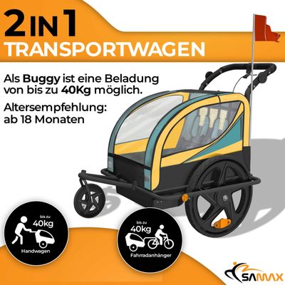 360° drehbarer Veloanhänger 2in1 Jogger - in Blau / Gelb - Black Frame