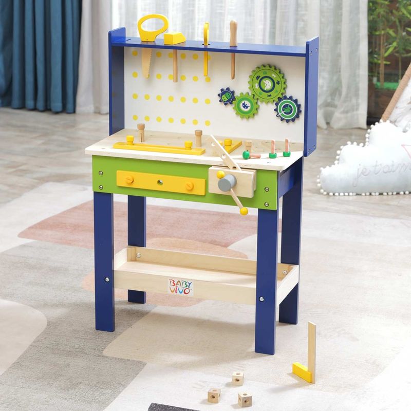 Spielwerkbank / Werkbank für Kinder aus Holz - Luigi mit drehbaren Zahnrädern und 29 Teilen Zubehör