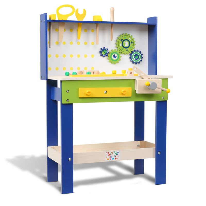 Spielwerkbank / Werkbank für Kinder aus Holz - Luigi mit drehbaren Zahnrädern und 29 Teilen Zubehör