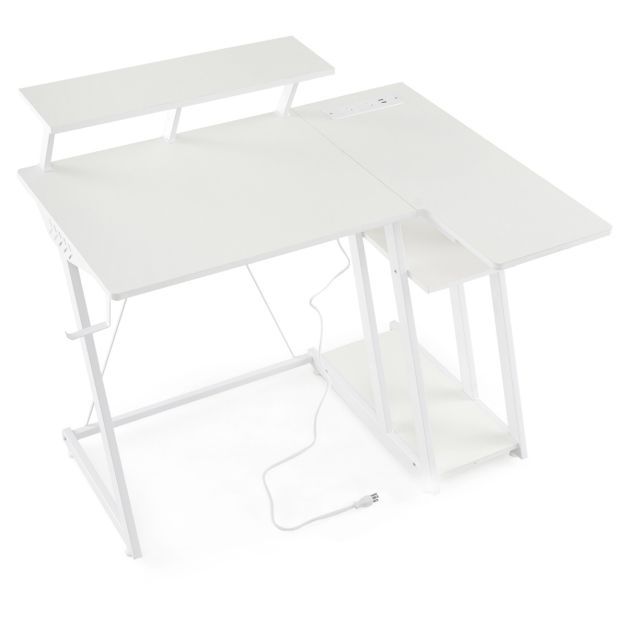L-förmiger Gaming-Schreibtisch mit Steckdosen &amp; USB-Anschlüssen mit Monitorregal Computertisch weiss
