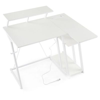L-förmiger Gaming-Schreibtisch mit Steckdosen &amp; USB-Anschlüssen mit Monitorregal Computertisch weiss
