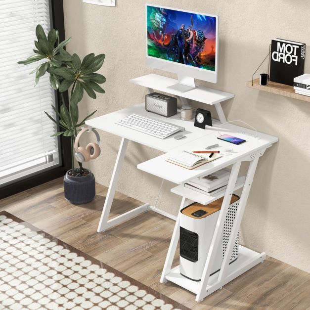 L-förmiger Gaming-Schreibtisch mit Steckdosen & USB-Anschlüssen mit Monitorregal Computertisch weiss