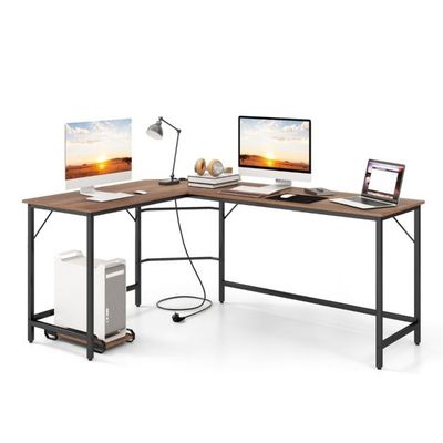 L-förmiger Computertisch mit Steckdose &amp; CPU-Ständer Eckschreibtisch natur
