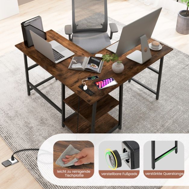 Schreibtisch L-Form Eckschreibtisch mit Steckdosen & USB-Anschlüssen 120 x 120 x 75 cm Rustikales Braun