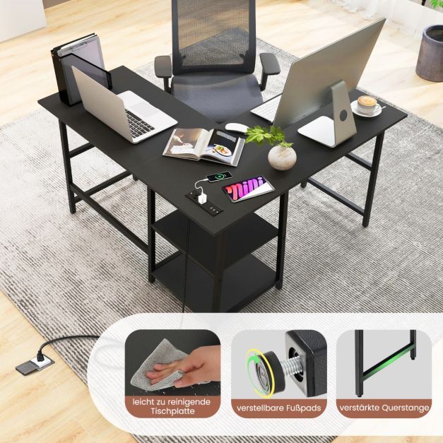 Schreibtisch L-Form Eckschreibtisch mit Steckdosen & USB-Anschlüssen 120 x 120 x 75 cm schwarz