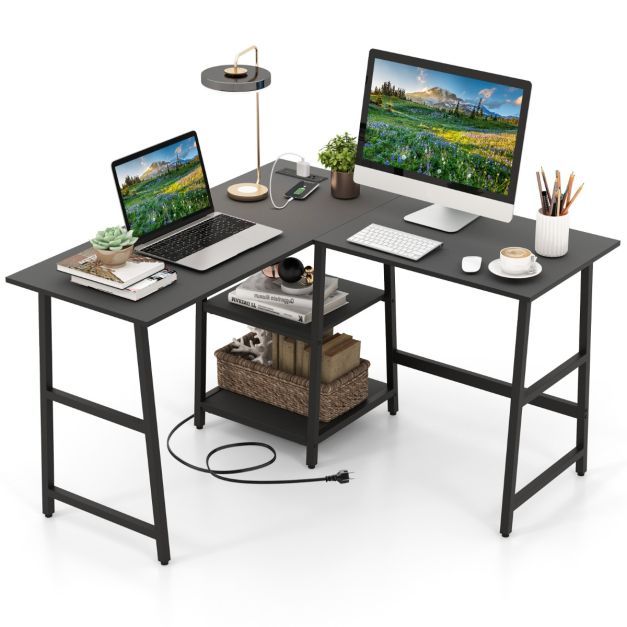 Schreibtisch L-Form Eckschreibtisch mit Steckdosen &amp; USB-Anschlüssen 120 x 120 x 75 cm schwarz