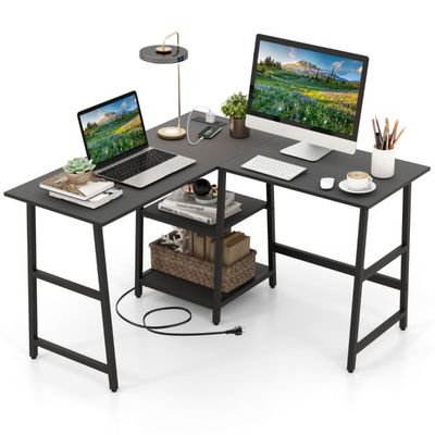 Schreibtisch L-Form Eckschreibtisch mit Steckdosen &amp; USB-Anschlüssen 120 x 120 x 75 cm schwarz